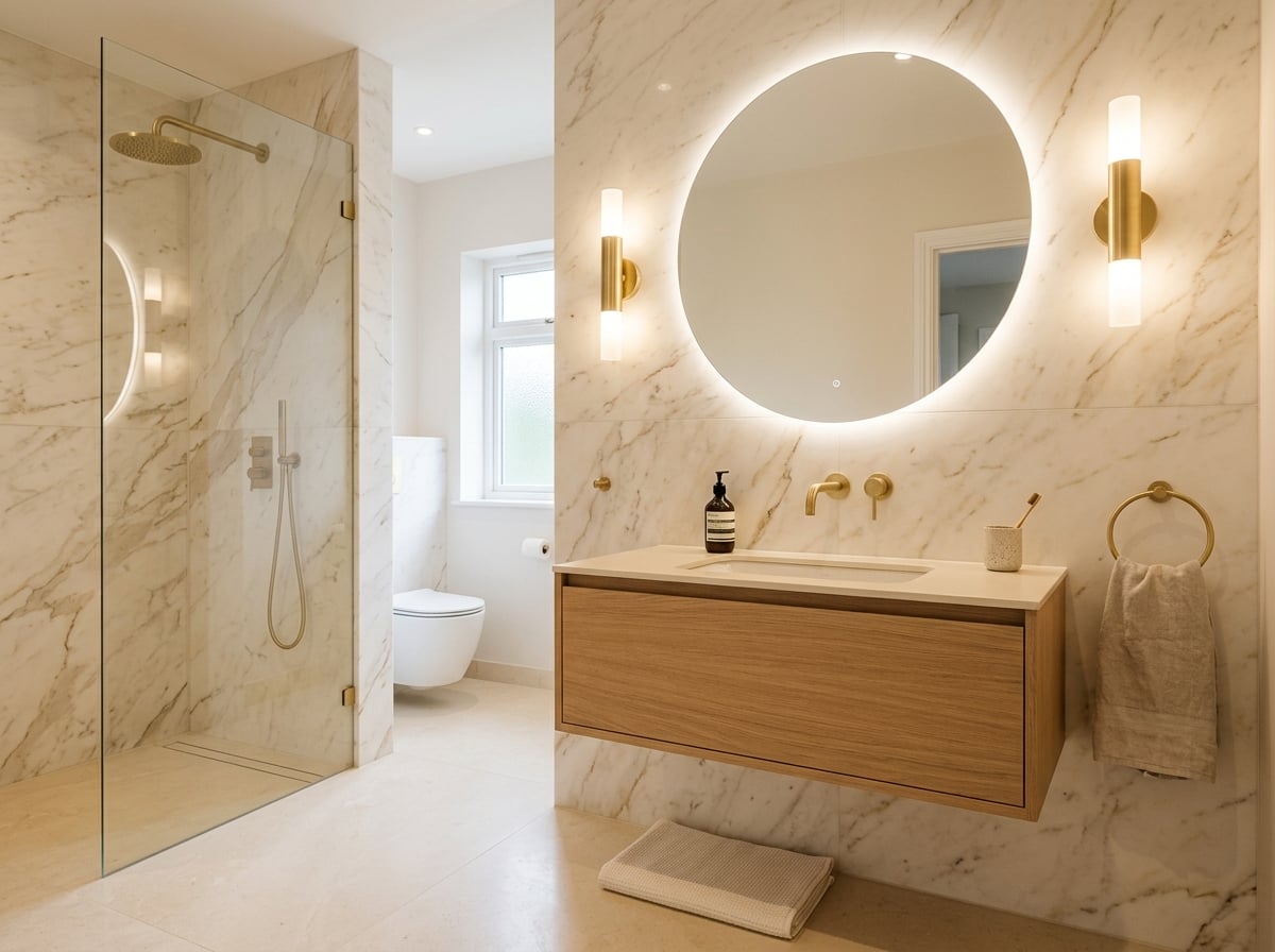 Modern minimalist bathroom with marble walls and gold hardware