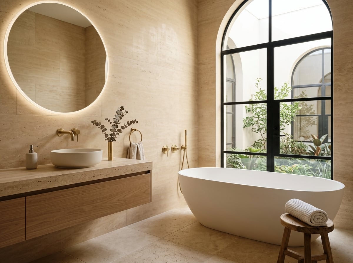 Serene minimalist bathroom with beige stone and brass accents