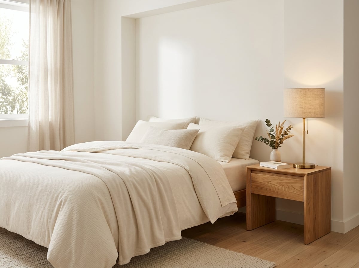 Tranquil minimalist bedroom with cream bedding and brass lamp
