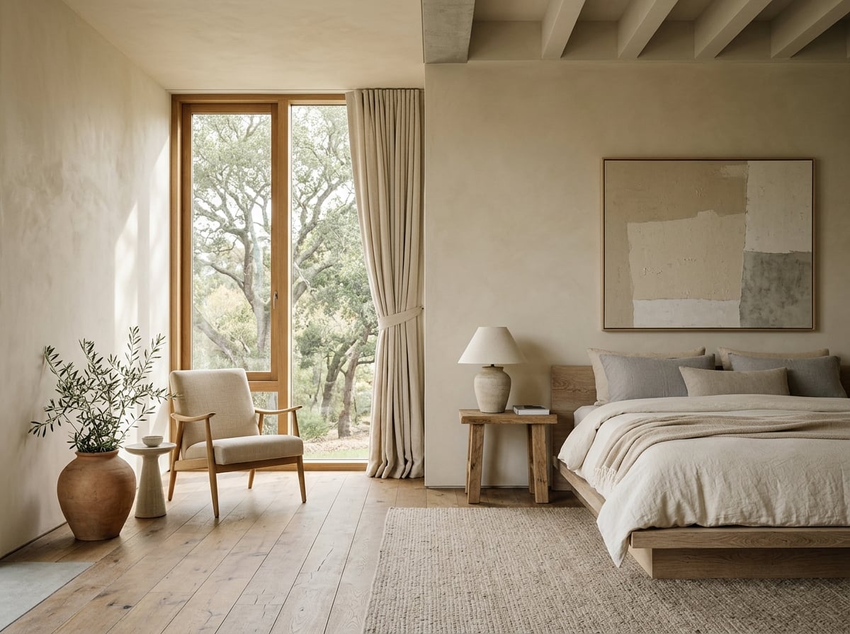 Elegant minimalist bedroom with warm neutral palette