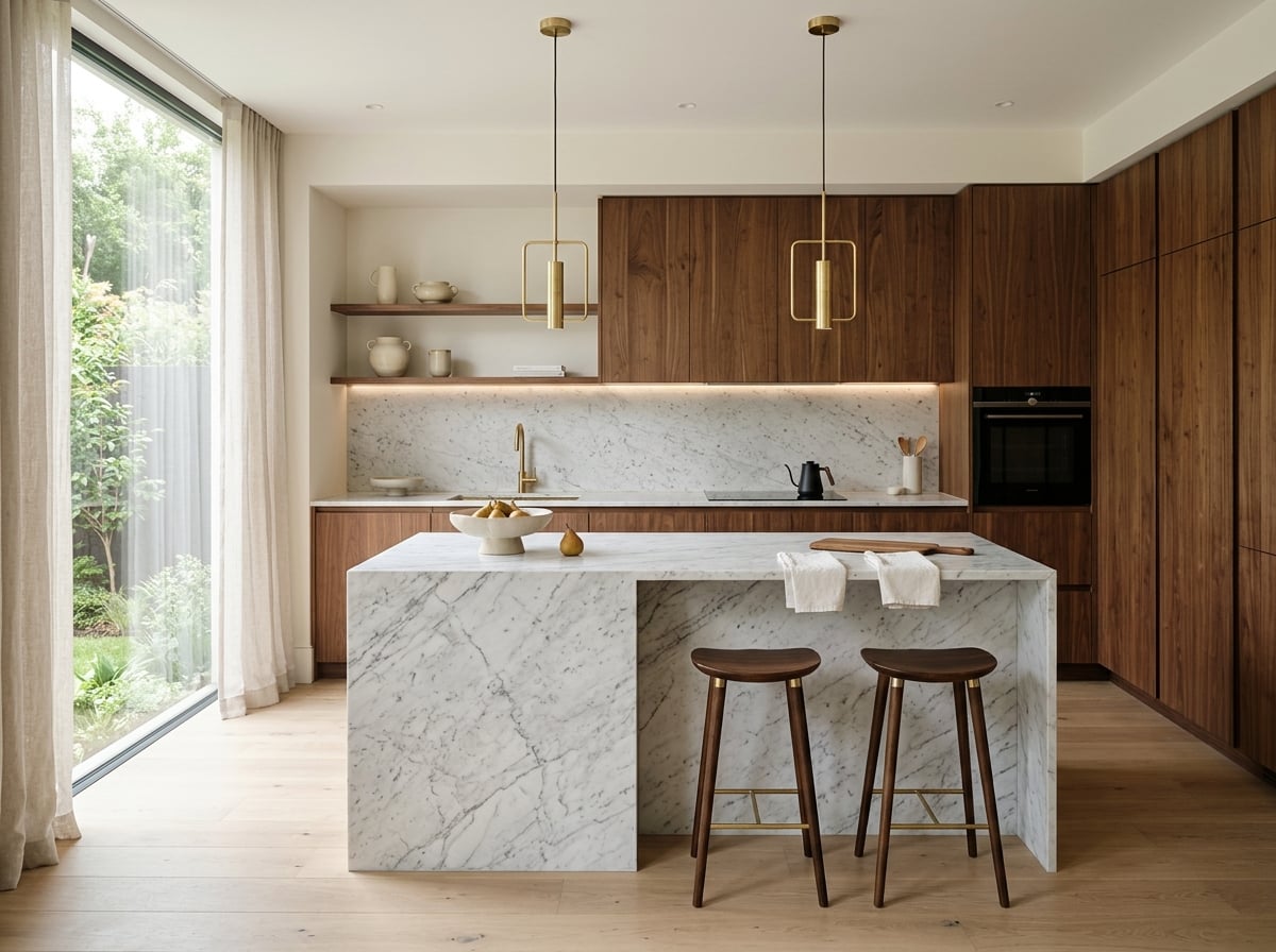 Luxurious minimalist kitchen with walnut panels and marble island