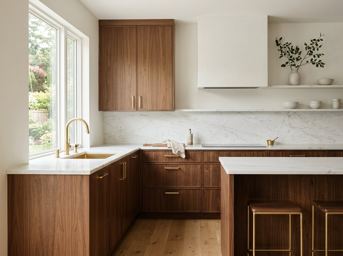 Contemporary kitchen with warm walnut cabinets and gold fixtures