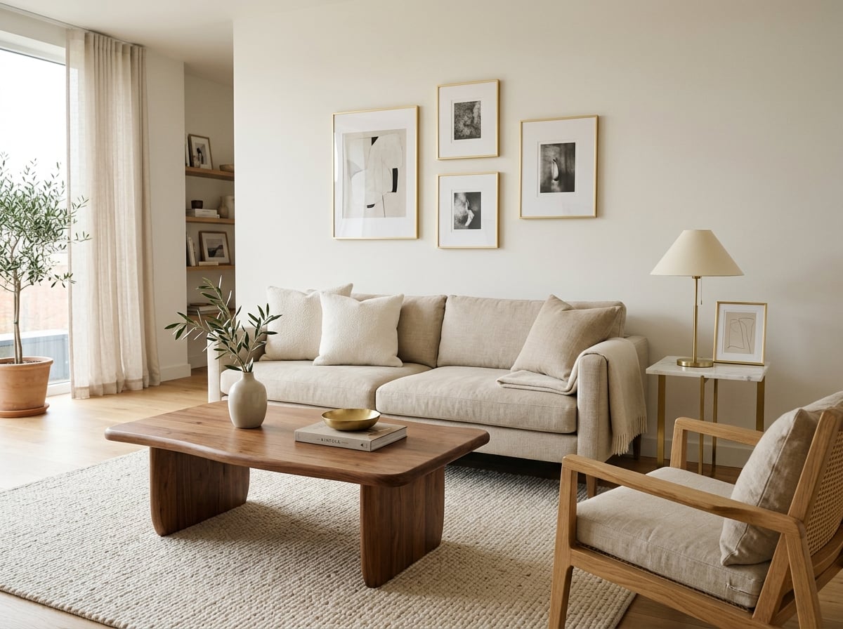 Minimalist living space with wood coffee table and marble accents
