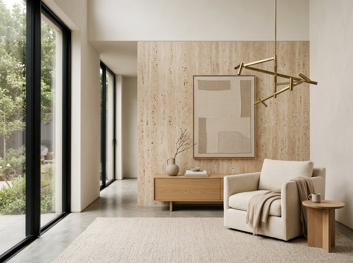Contemporary minimalist lounge with travertine stone wall